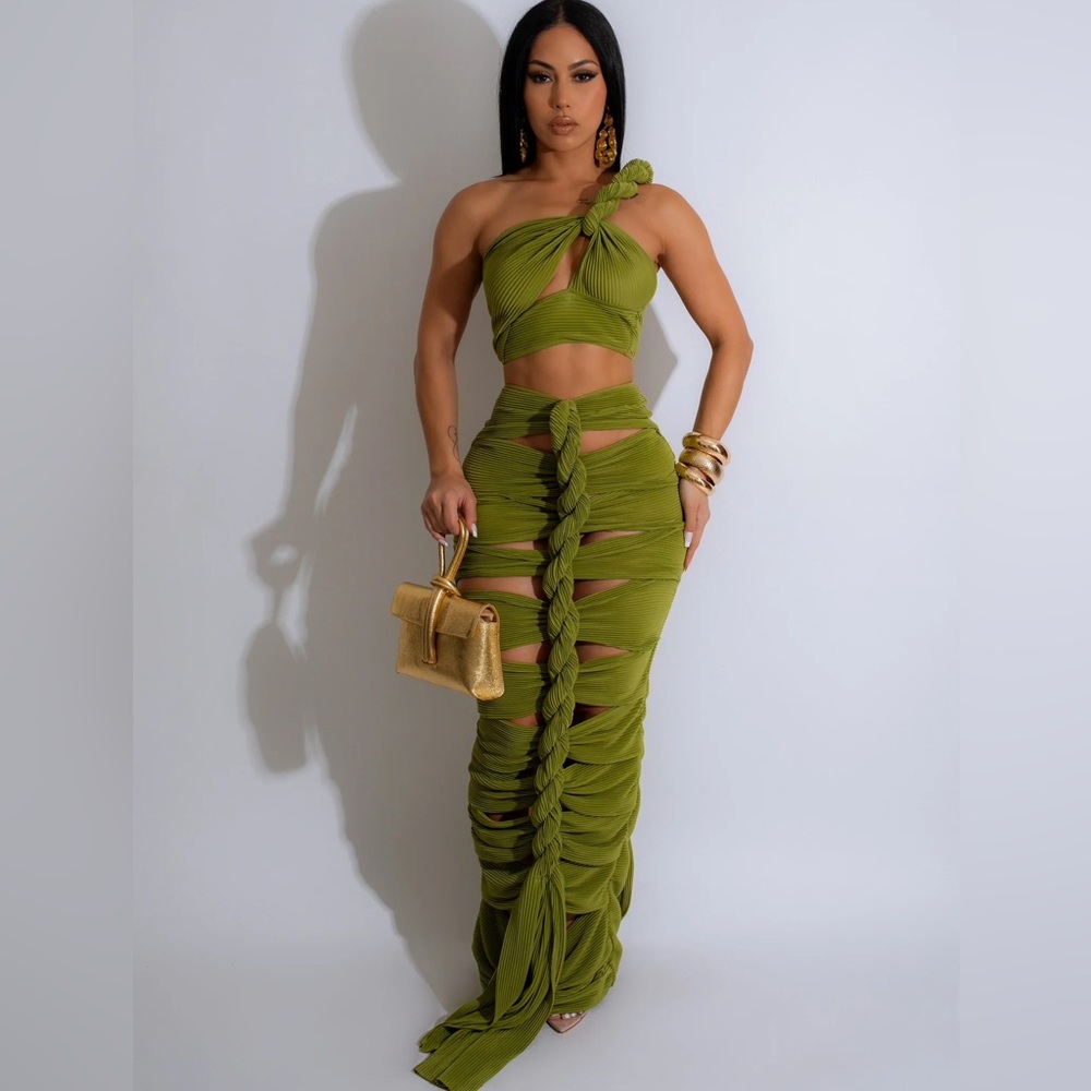 Custom Green Ribbed 2 Piece Dress Set Size L - Picture 3 of 7